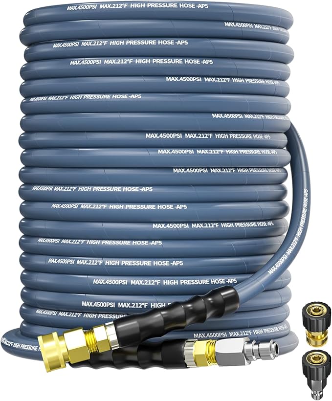 Pressure Washer Hose 100FT 3/8" for Cold and Hot Water 212°F, with Swivel Quick Connect, 4500PSI Kink Resistant Grade Steel Wire Braided, Power Washer Hose With 2pcs M22-14mm Adapter
