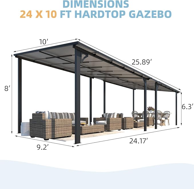 AECOJOY 24' x 10' Gazebo for Patio, Large Wall-Mounted Hard Top Lean-to Gazebo Pergola with Roof 10' x 24' on Clearance, Heavy Duty Patio Awnings for Decks, Backyard