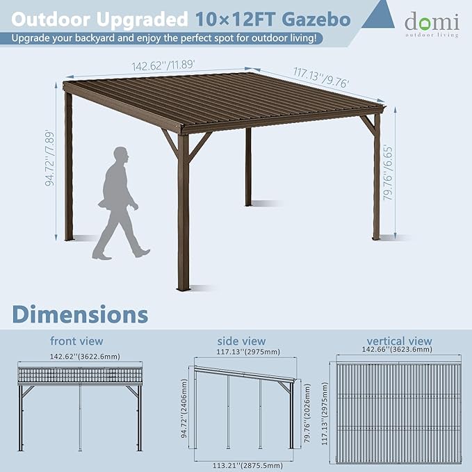 Domi 10’x12’ Wall-Mounted Hardtop Gazebo Pergola – Permanent Lean-to Outdoor Shelter with Sloped Galvanized Steel Roof & Upgraded Drainage – Grey Metal Patio Cover for Backyard, Deck, Garden，Brown