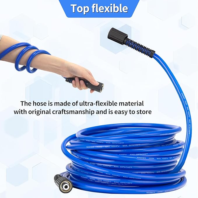Pressure Power Washer Hose 25 FT x 1/4", Super Flexible Kink Resistant Car Washer Replacement with M22 Fittings & 3/8" Quick Connect Adapters, 4200PSI