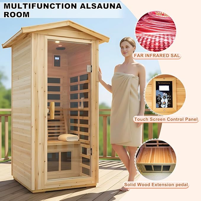 Luxury Outdoor Sauna, 1 Person Old Fir Wood Low EMF Far Infrared Sauna 1560W, Home Sauna with LCD Control Panel, Chromotherapy Light, Reading Light, Bluetooth Speaker