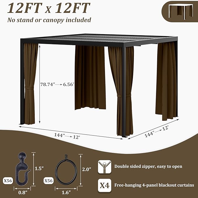Gazebo Universal Replacement Privacy Curtain,12'×12' Gazebo Outdoor Waterproof Curtains, 4-Panels Sidewall Curtains with Double Zipper for Patio Canopy, Garden and Backyard (Curtain Only)