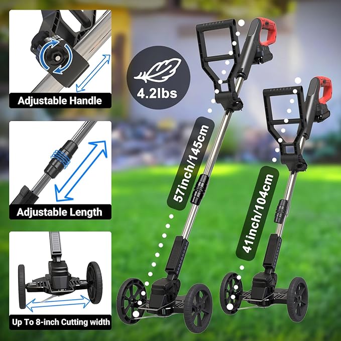 Cordless Weed Wacker Eater Battery Powered, 21V Lightweight Electric Weed Trimmer with 2 Battery Operated & Charger& Wheels & Shears, No-String Grass Trimmer/Brush Cutter/Lawn Edger for Yard Garden