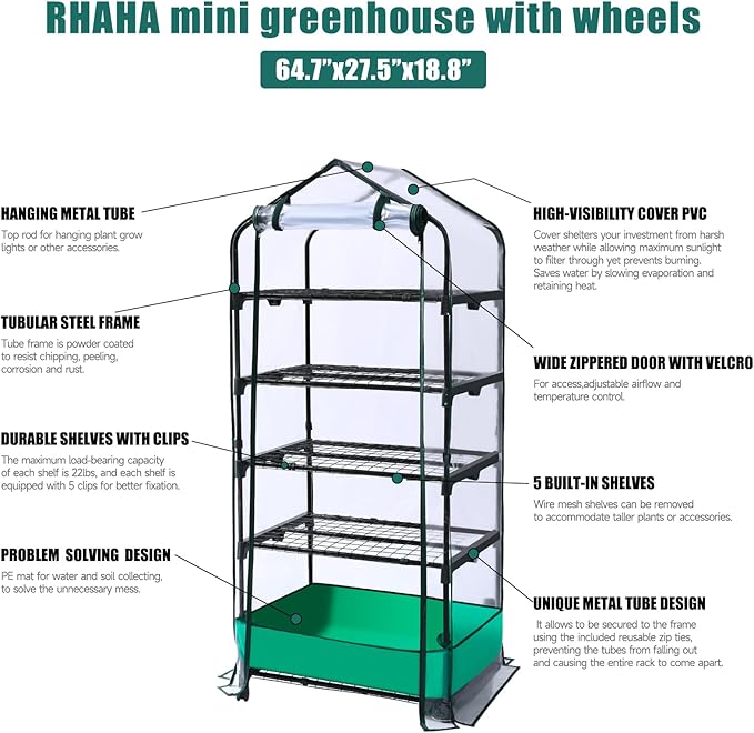 5 Tier Mini Greenhouse with Wheels for Indoor Outdoor, Portable Green House with PVC Cover and Shelves for Seedling, Greenhouse with Waterproof Mat and Cover Tape, Gardening Gifts for Women Men