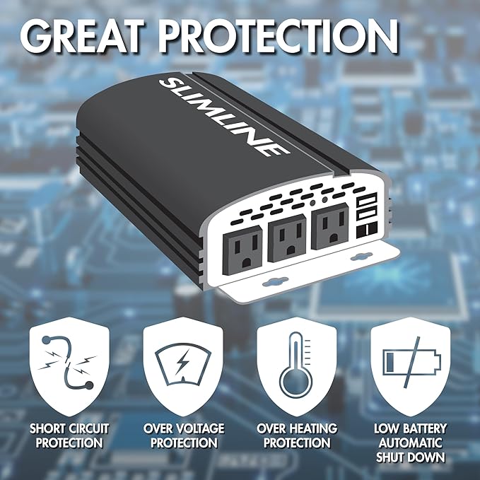 Wagan EL3722 1500W Slim Line AC to DC Power Inverter 1500W TrueRated Continuous 3000W Surge Power DC 12V to AC 110V Power Inverter with 2 AC Outlets and 2A USB Charging Port