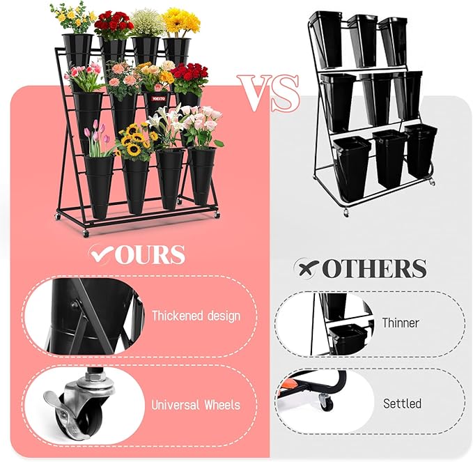 Flower Display Stand with Buckets, 3-Layers 12 PCS Buckets Plant Stand with Wheels, Movable Metal Plant Stand for Terrace Garden, Living Room, Florist Shop