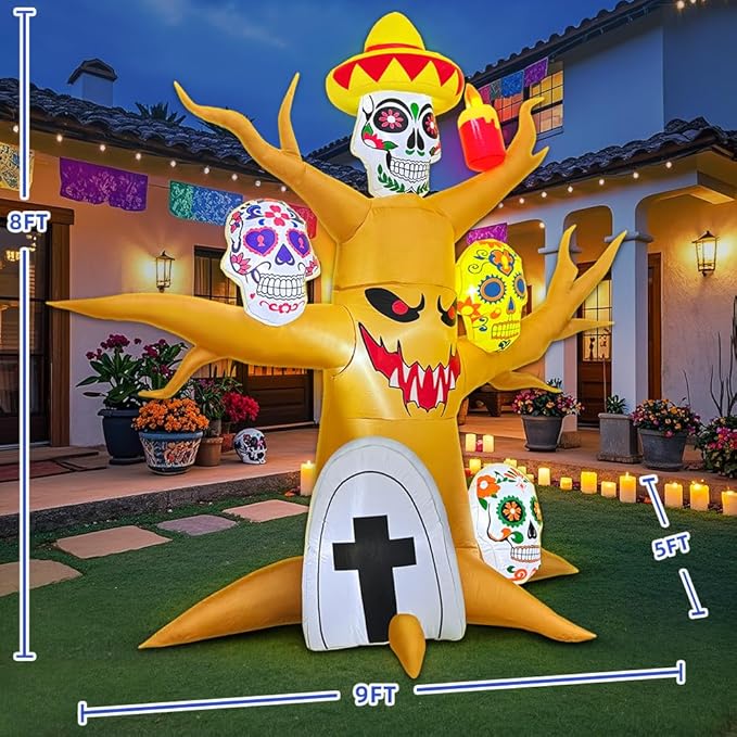 8FT Halloween Inflatable Decorations, Blow up Tree Decorations Day of The Dead Catrina Skulls Dia de Los Muertos, Built-in LEDs for Halloween Party, Garden, Lawn, Yard, Patio Décor