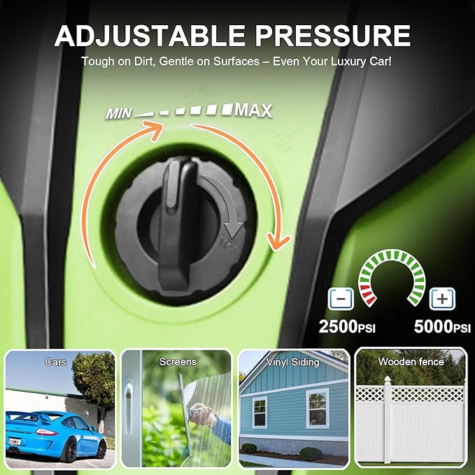 Electric Pressure Washer Adjustable 5000PSI 4.0 GPM Power Washers Electric Powered with 33ft Hose Reel, 4 Nozzle and Foam Cannon, Powerwashers Cleaner Machine for Home, Cars, Patio, Green
