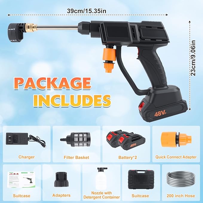Cordless Pressure Washer,500PSI Portable Power Washer with 2 Battery&Charger & 6-in-1 Nozzle,16.4FT Drain Hose,Portable Pressure Washer for Car/Garden/Floor/Yard