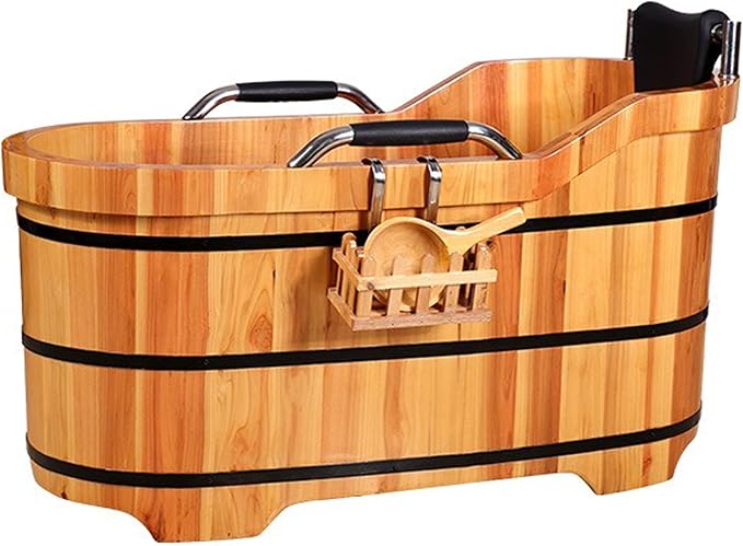 Wooden Hot Tub Bathroom Freestanding Soaking Non-Slip Bathtub Thickened Handrail Style Healthy Medicinal Bathtub For Both Adult And Child Family Members (Deluxe configuration with lid fumigation)