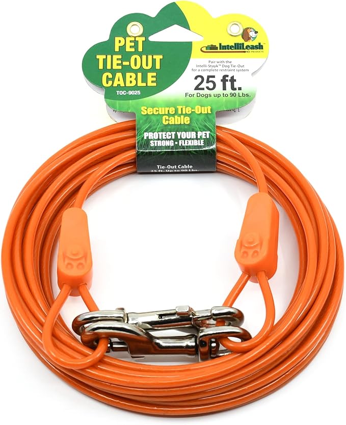 IntelliLeash 25 ft Tie-Out Cables for Dogs - Strong, Safe, and Durable Dog Tie-Outs for Small Dogs up to 90 Pounds - Weather and Wear Resistant Galvanized Aircraft Cable for Outside Use