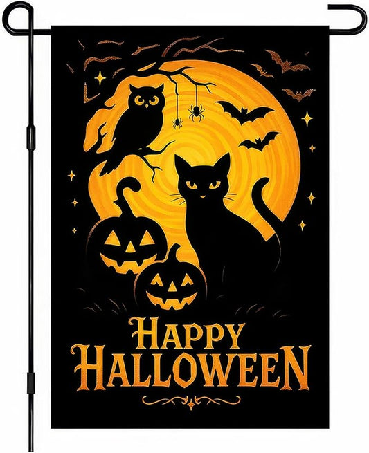 Halloween Garden Flag 12x18 Inch Black Cat Flag Pumpkin Owl Full Moon Double Sided Fall Flags Yard Banner for Outdoor Lawn Porch Garden Holiday Decor