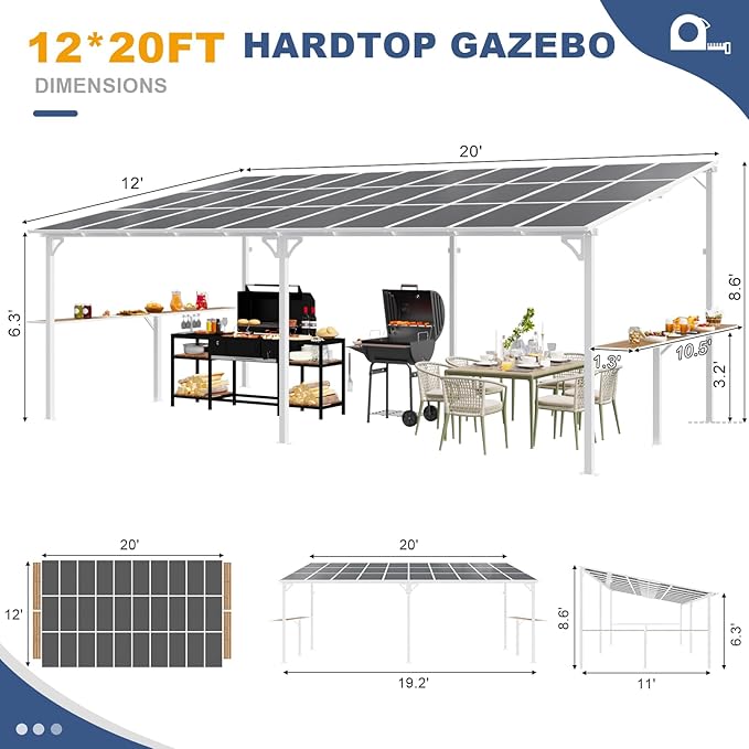 MEISSALIVVE 12' x 20' Wall Mounted Gazebo, Outdoor BBQ Grill Gazebo with Side Shelf, Lean to Metal Awnings with Sloped Roof, Heavy Duty Pergola for Backyard, Deck, White