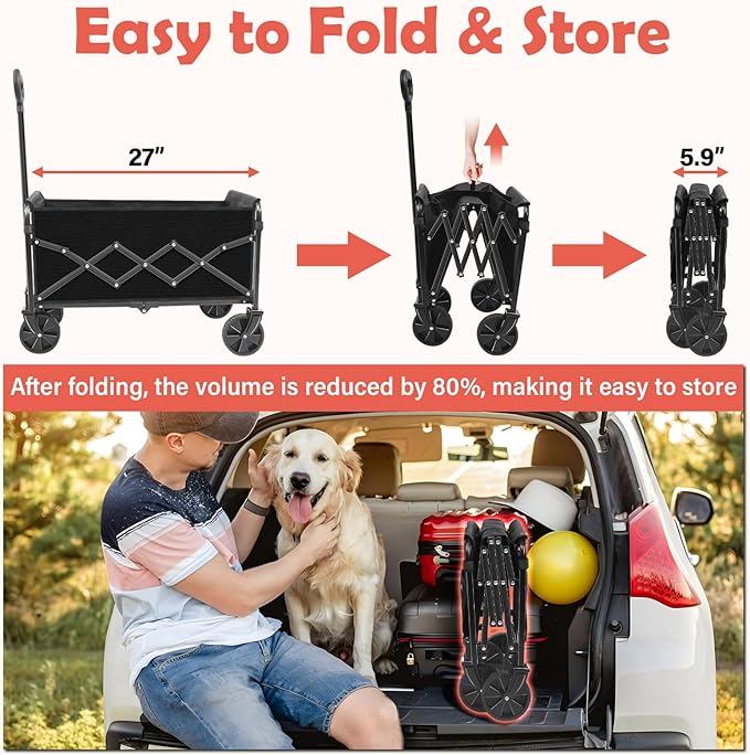 Wagons Carts Foldable, 360 Lbs with Adjustable Handle, Black Lightweight Portable, Collapsible Wagon for Camping, Shopping, Sports, Travel, Garage and Gardening Storage with Drink Holders