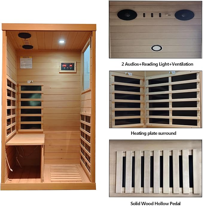 Infrared Sauna 1 Person, Far Infrared Saunas for Home, Low EMF Indoor Sauna, Home Sauna, 1050W, Canadian Hemlock, Smart Display, Bluetooth, Reading Lamp