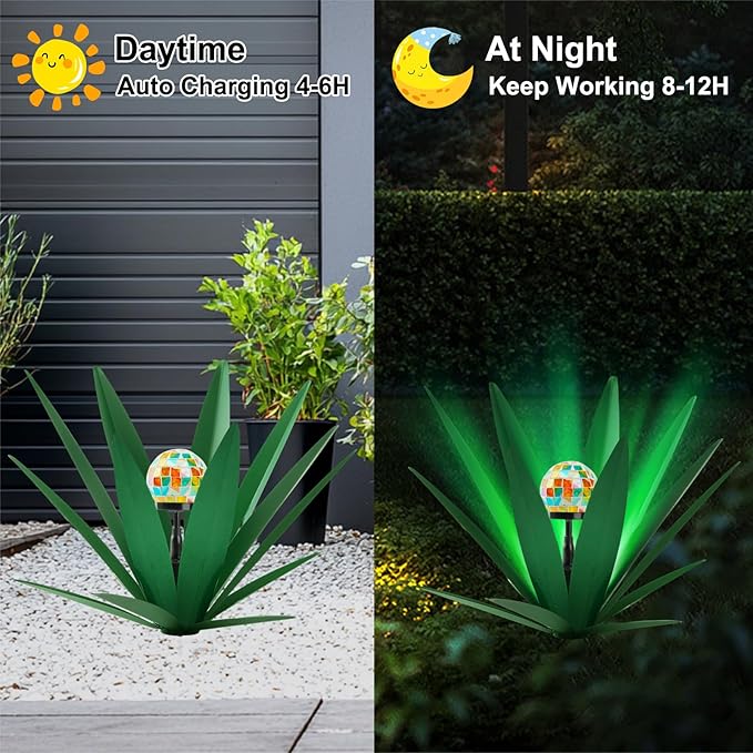 TOMBABY Solar Rustic Garden Style Metal Agave Plants Outdoor Patio, Home Decor Hand-Painted Metal Agave Garden Patio Statues, Suitable for Desert Areas, Outdoor Lawn Decorations (1 Solar Green)