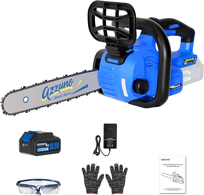 AZZUNO 12 Inch Electric Chainsaw Cordless With Tool-Free Chain Tensioning and Auto Lubrication, Brushless Battery Powered Chain Saw Kit For Tree&Wood Cutting,Battery and Charger Included.