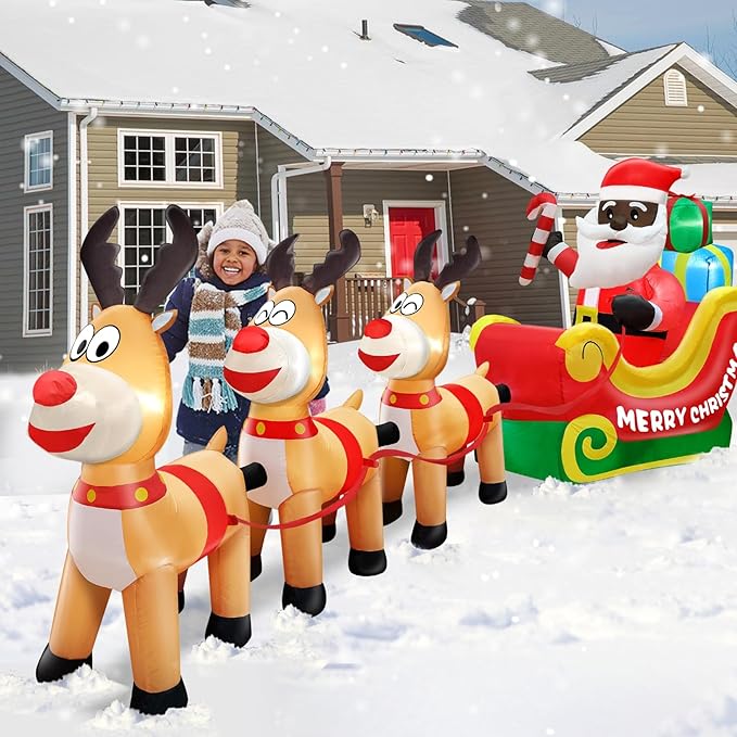 TURNMEON 12 Foot Long Christmas Inflatables Outdoor Decorations Black Santa Claus on Sleigh with Three Reindeer & Gift Box Inflatable Christmas Built-in LED Lights Blow Up Xmas Yard Lawn Garden Decor