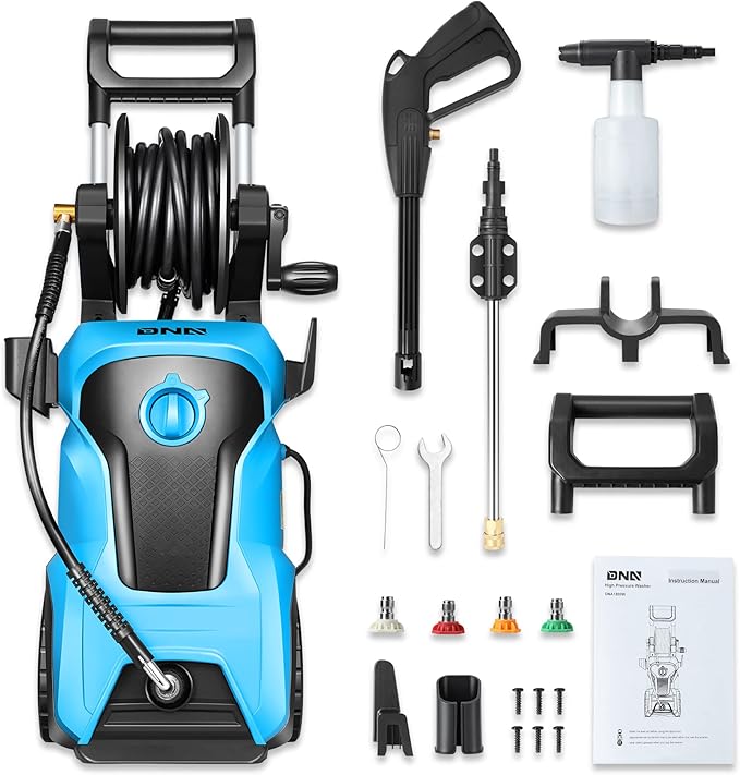 DNA MOTORING TOOLS-00231 Up to 2176 PSI Pressure 2.4 GPM Max Flow Electric Pressure Washer for Yard and Car Cleaning with Spray Nozzle Foam Bottle + 4 Turbo Nozzles IPX5 Driveway Patio Deck (Blue)