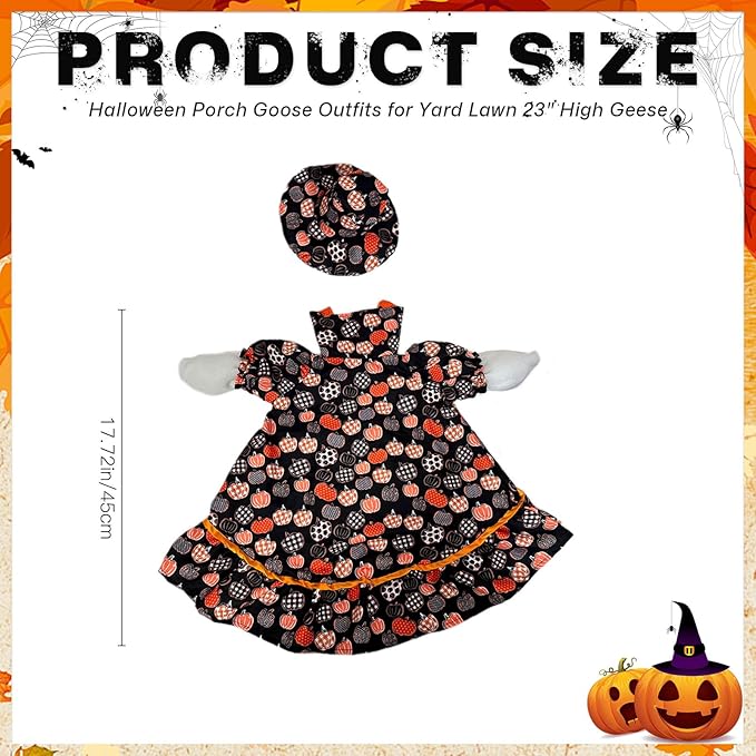 Halloween Porch Goose Outfit Set for 23'' Plastic Statue Lawn Porch Goose Clothes with Fall Pumpkin Skirt Hat Costume for Indoor Outdoor Patio Yard Lawn Art Decor