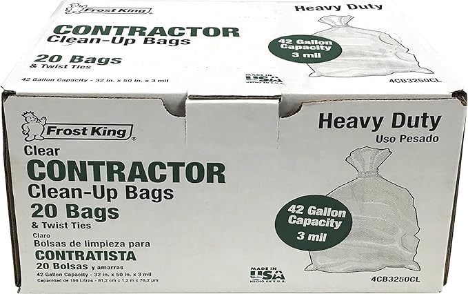 Frost King CB3250 Boxed Heavy Duty Contractor Clean-Up Bags, 32 inch x 50 inch x 3 Mil., 20 Bags, Clear