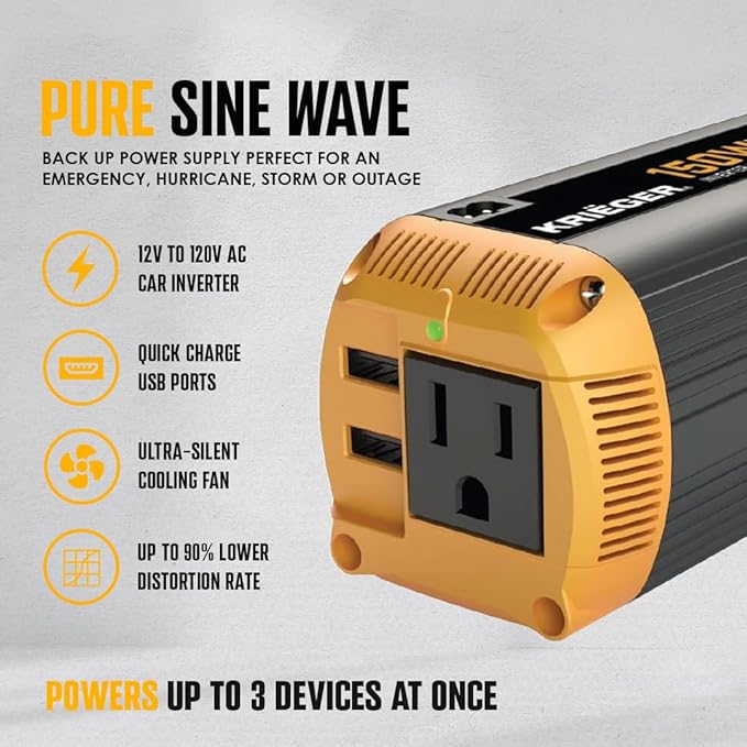 K KRIËGER 150 Watt Pure Sine Wave Power Inverter, 12V Car Charger with Plug Outlet, Inverter with Dual USB Ports (Quick Charge 3.0), AC Outlet & DC Cord Included - ETL Approved Under UL STD 458