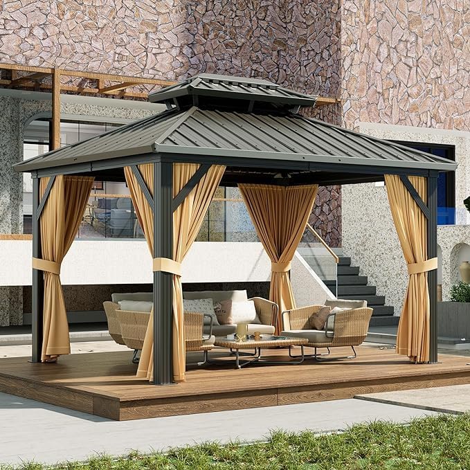 12'x10' Hardtop Gazebo, Heavy Duty Aluminum Permanent Hardtop Gazebo Outdoor Pavilion with Curtains and Netting for Garden