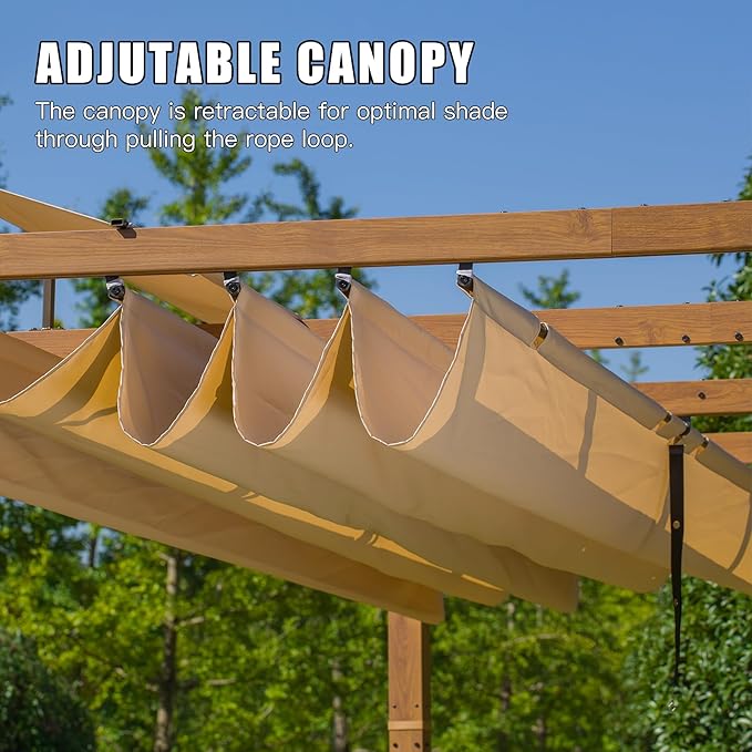 Domi 9’ x 13’ Outdoor Retractable Pergola Against The Wall with Weather-Resistant Canopy Aluminum Garden Pergola Patio Grill Gazebo for Courtyard(Teak Coated)