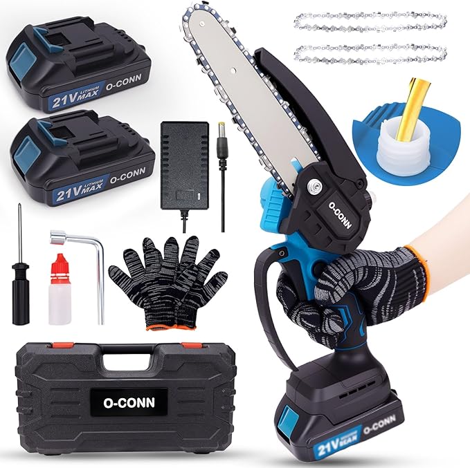 O-CONN Mini Chainsaw Cordless 6 Inch Handheld Chain Saw with Security Lock & Auto Oiler System, Portable Electric Small Chainsaw for Tree Branches, Courtyard, Household & Garden