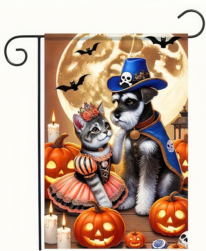 Halloween Garden Flag 12x18 Flag Dog Cat Flag Halloween Schnauzer Cat Fairy Pirate Costumes Pumpkins And Full Moon Cute Welcome Garden Flag Patio Lawn Farmhouse Outdoor Party Supplies