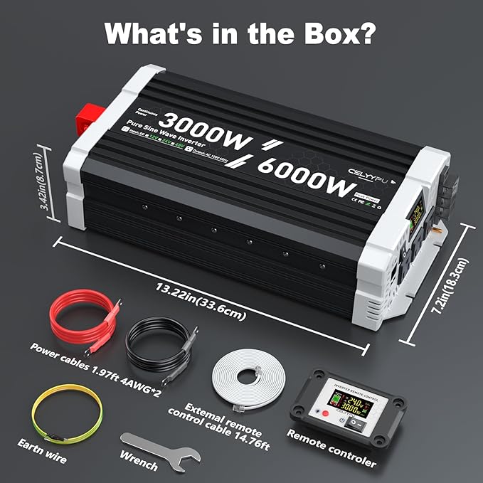 3000 watt Pure sine Wave Inverter, 24V DC to 110V AC Power Inverter, Used for Solar Emergency Power Supply in RV Homes, with 3 AC Output sockets, USB Port, Type-C Port, Remote Control with LCD Screen