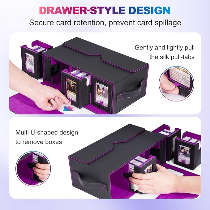 Commander Deck Box for MTG, 6-Deck Modular Card Case with Dice Tray Holds 600+ Double-sleeved Cards, Removable Trading Cards Storage Box with 35PT Magnetic Card Holders for TCG, Black Purple