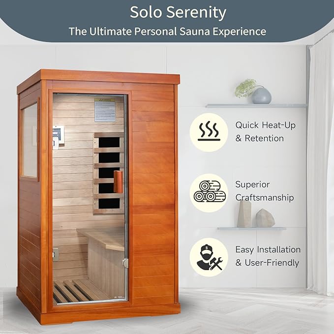 Far Infrared Sauna for Home Dry Sauna for Home Wood Sauna Room 1 Person Infrared Sauna Indoor One Person Sauna Low EMF Okoume Wood Sauna with Control Panel, Speakers and Tempered Glass Door