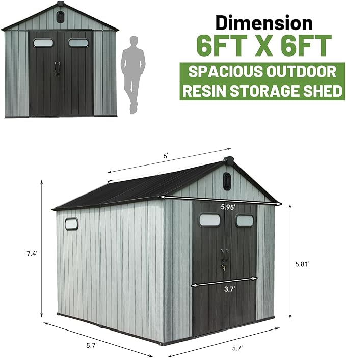 6X6 FT Outdoor Resin Storage Shed, Waterproof Plastic Garden Shed with Lockable Door, Windows & Vents, Outside Storage Tool Shed for Patio Furniture, Lawn Mower, Bike