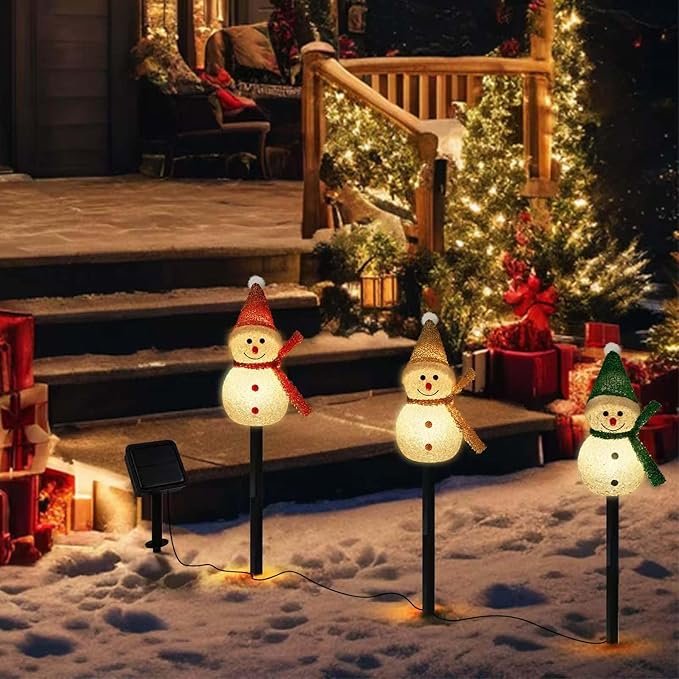 3PCS Snowman Shape Solar Christmas Lights Decorations, Solar Landscape Pathway Stakes Lights, Outdoor Christmas Lights Decor for Garden, Yard, Porch (Color Hat- Warm White)