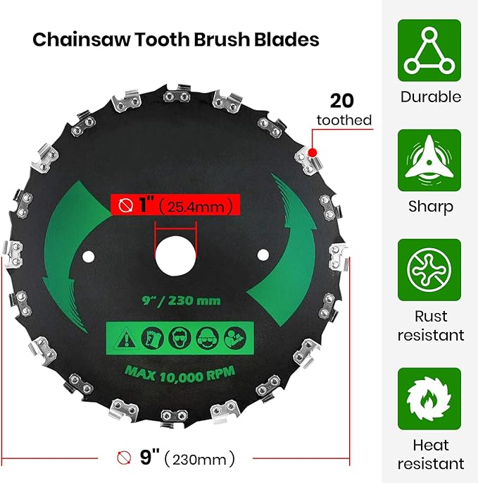 (2-Set) 9" x 20T Chainsaw Tooth Brush Blades Tool Kit, – 2 Blades, 3 Assorted Round Files and 4 Washers | for Cutter, Trimmer, Weed Eater | Made from Carbon Steel, Cuts Like Butter