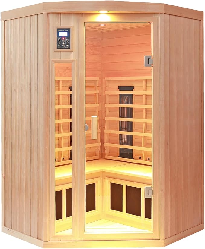 Ceramic Infrared Sauna 2-3 Person Infrared Saunas for Home Low EMF Indoor Home Sauna Spa Hemlock Wooden Corner Sauna Room with Bluetooth Speakers, LED Reading Lamps, Chromotherapy Lights