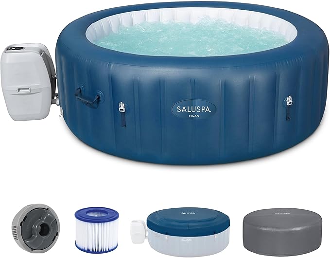 Bestway SaluSpa Milan AirJet 4 to 6 Person Inflatable Hot Tub Round Portable Outdoor Spa with 140 AirJets and EnergySense Energy Saving Cover, Blue