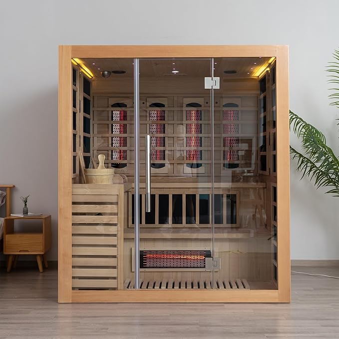 Luxury Dual-System Wood Sauna Room for 4-6 Person, Hybrid Indoor Sauna Spa,Canadian Hemlock, 6KW Heater, 195°F Steam+149°F Far Infrared, 12 Heating Elements, 220V, Oxygen Ionizer, 8mm Tempered-Grass