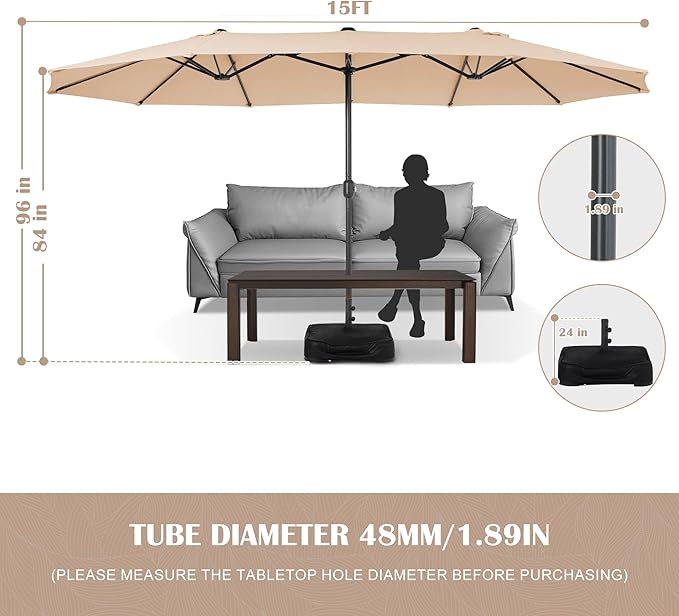 Sundale Outdoor Olefin 5-Year-Non-Fading 15 ft Patio Umbrella with Sand Bag Base and Cover, Large Outdoor Double-Sided Umbrella