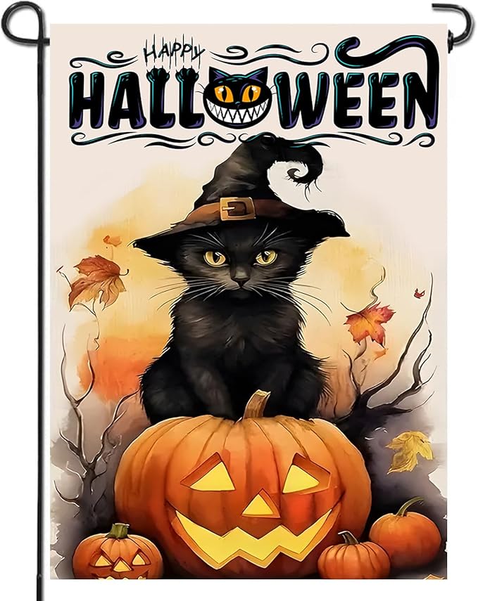 DECORLUXES Halloween Cat Garden Flag, Vertical Double Sided Happy Halloween Pumpkin Holiday Outside Decorations (Garden Flag)