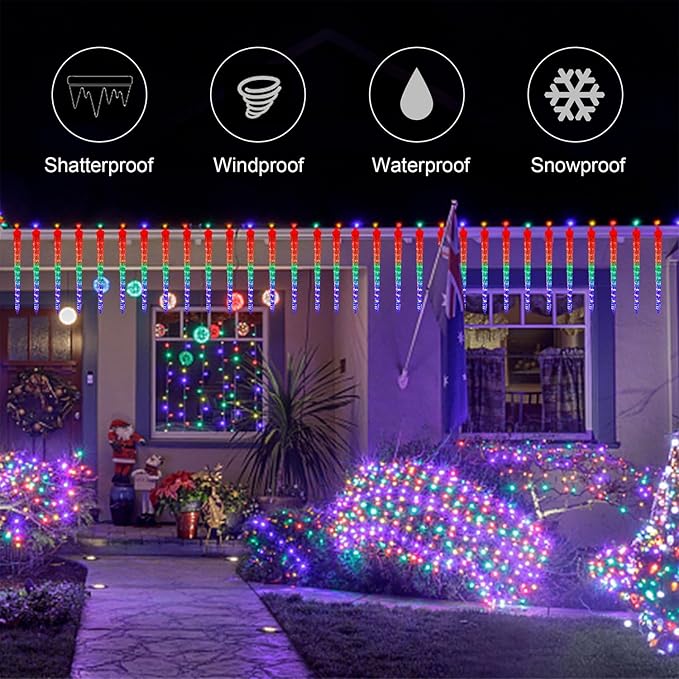 WATERGLIDE 16 Icicles Meteor Shower Lights, 12" Outdoor Christmas Icicle 384 SMD LED Crystal Ice Falling, Connectable Raindrop, Xmas Winter Party Tree Holiday Decor, Multicolor