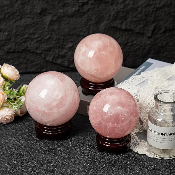 Large Rose Quartz Crystal Sphere Natural Pink Healing Crystal Ball with Stand Meditation Decorative Balls Home Decor 90-100mm/3.5-3.9"
