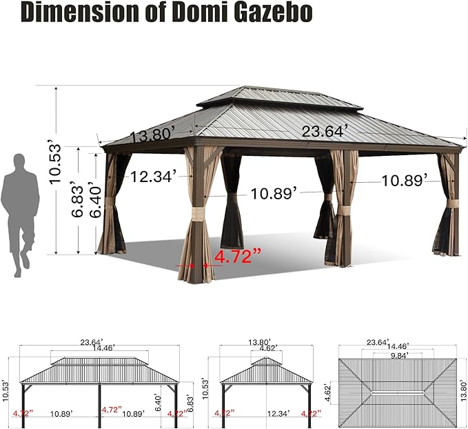 Domi 14'x24' Hardtop Gazebo Canopy,Outdoor Aluminum Gazebo with Galvanized Steel Double Roof,Large Permanent Gazebo Pavilion for Patio Deck Backyard,Curtain and Netting, Dark Brown