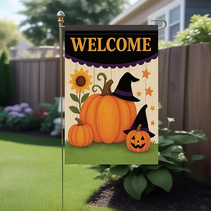 Halloween Fall Garden Flag Pumpkin Witch Hat Flag 12x18 Inch Double-Sided Welcome Yard Banner Autumn Outdoor Decor for Porch Lawn Pathway Jack O Lantern Sunflower Holiday Sign