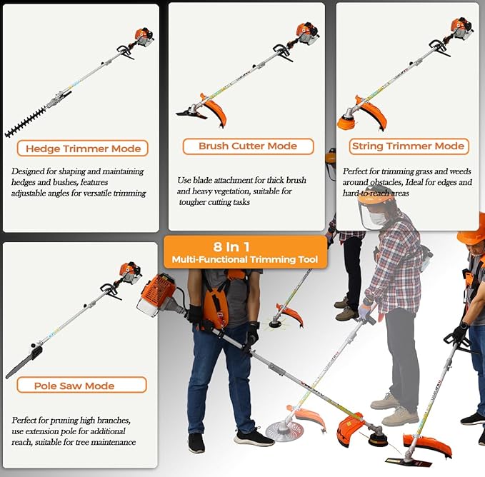 56cc 2-Cycle Gas Multi-Trimmer | 8-in-1 String Trimmer w/Rotatable 40” Pole Saw, Weed Eater Weed Wacker, Brush Cutter & Hedge Trimmer Gas for Lawn, Yard, Garden Care, All-in-one Garden Tool