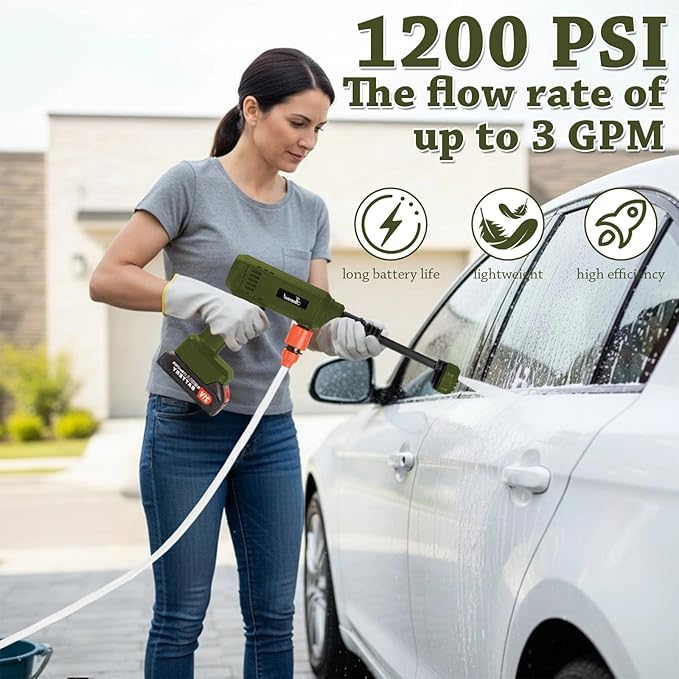 Power Washer,1200 PSI Cordless Pressure Washer with 2×21V Battery&6-in-1 Multi-Function Nozzle,Portable Pressure Washer Suitable for Cleaning Vehicles, patios, Glass, Floors, and Watering Plants