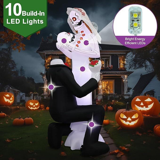 Halloween Inflatables Giant 8Ft Tall Skeleton Couple Day of The Dead Outdoor Decorations, Spooky Blow Up Skull Lovers Yard Decor Built-in 10 LED Lights for Outside Party Lawn Garden