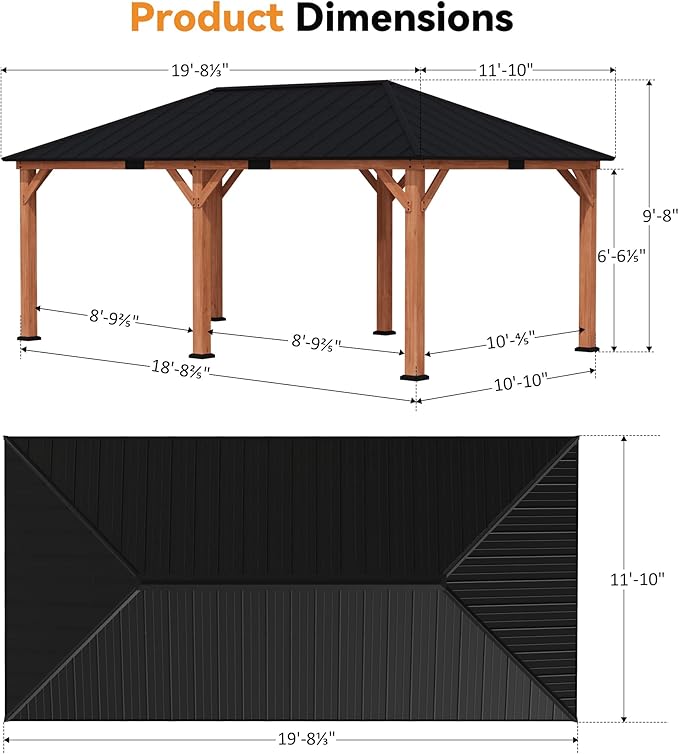 Modern Shade Tranquil Grove Wood Gazebo 12' x 20', Grill Gazebo with Galvanized Steel Roof, Mosquito Netting and Curtains, Permanent Hardtop Pavilion with Sturdy Hooks for Garden, Backyard