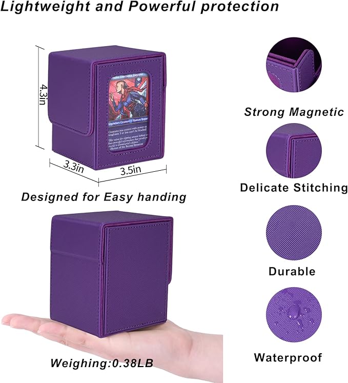 AFIING MTG Deck Box for Commander Display,Card Deck case Fits 100 Double Sleeved Cards, Magic Commander TCG Card Storage Box with 2 Dividers,Dice Bag and 1 Toploader(Purple)